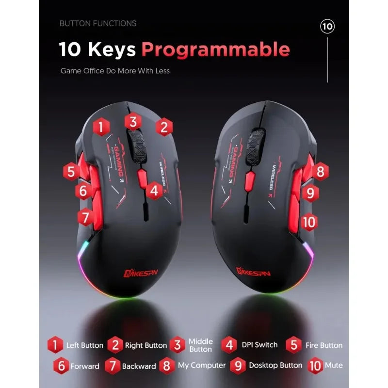 MKESPN W12 10-knappers makro-gamingmus til begge hænder, trådløs Bluetooth, multikanal, tri-mode, stor RGB, ergonomisk og ambidekstral