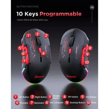 MKESPN W12 10-knappers makro-gamingmus til begge hænder, trådløs Bluetooth, multikanal, tri-mode, stor RGB, ergonomisk og ambidekstral