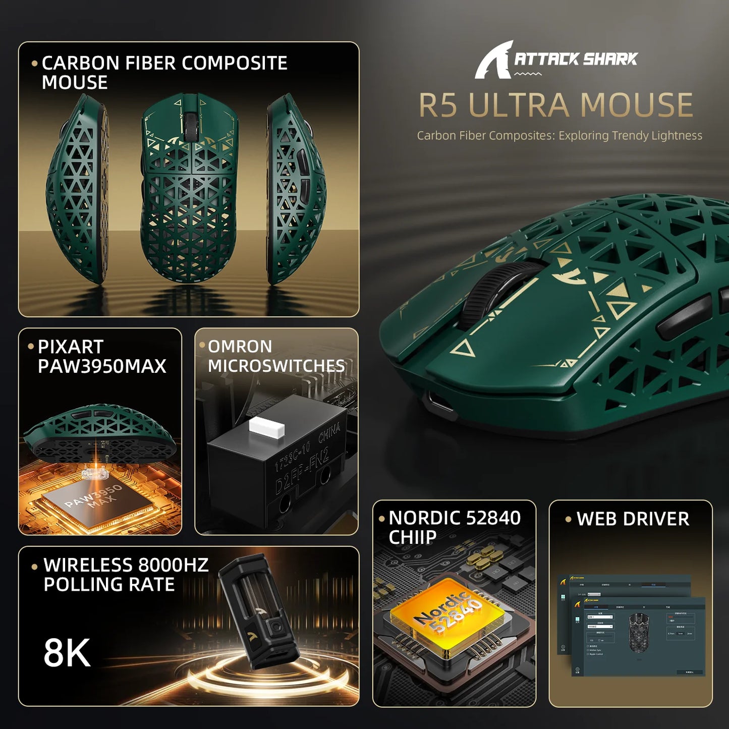 ATTACK SHARK R5 Ultra Carbon Fiber kabellose Gaming-Maus, PixArt PAW3950MAX Gaming-Sensor, 42000DPI, 8000Hz, MCU Nordic 52840