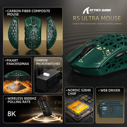 ATTACK SHARK R5 Ultra Carbon Fiber kabellose Gaming-Maus, PixArt PAW3950MAX Gaming-Sensor, 42000DPI, 8000Hz, MCU Nordic 52840