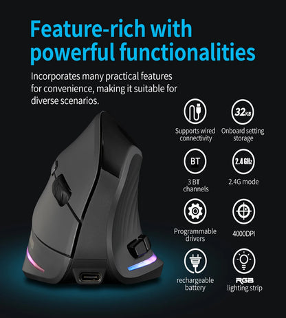 Rato vertical sem fios recarregável com ecrã — rato ergonómico gaming programável de 6 botões para jogador em desktop