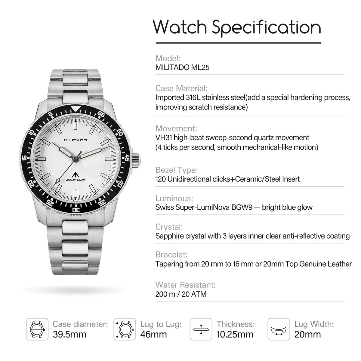 MILITADO ML25 Quartz Dive Watch VH31 Sweep Second Sapphire Crystal 200M Waterproof BGW9 Lume Ceramic Bezel Men Watch