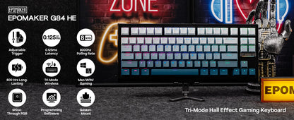 Teclado mecânico magnético EPOMAKER G84 HE 75% ANSI US Layout Gasket com fio/BT/2.4Ghz sem fios, efeito Hall, polling 8K e 8000mAh