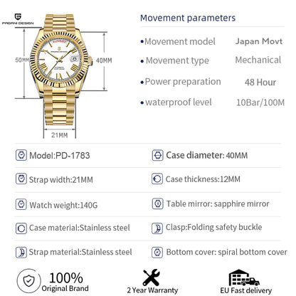 PAGANI DESIGN 2026 New Rose Gold Blue DD40 Luxury Automatic Watch Men Mechanical Wristwatch Mens Sapphire glass Waterproof Watch