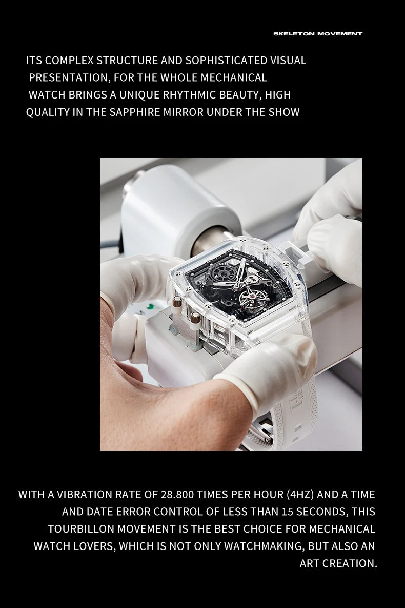 BONEST GATTI Luxury Men Automatic Tourbillon Watch Hollow Out Dial Crystal Case Sapphire Luminous Rubber Strap Wristwatch
