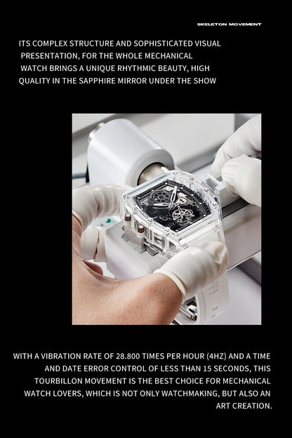 BONEST GATTI Luxury Men Automatic Tourbillon Watch Hollow Out Dial Crystal Case Sapphire Luminous Rubber Strap Wristwatch