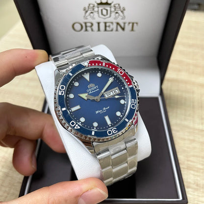 Orient Men's 200M Waterproof Automatic Dive Watch Dial Stainless Steel Bracelet Day Date Self-Winding Luminous Wristwatch