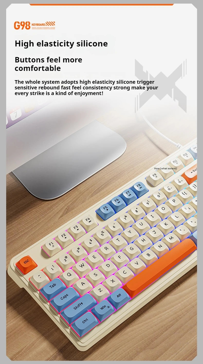 Teclado de escritório gaming EWEADN G98, membrana com retroiluminação arco-íris, USB com fio, externo e silencioso, teclado numérico, design digital