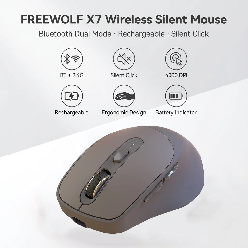 Bezdrátová myš FREEWOLF X7 Bluetooth 2.4G, duální režim, tichá, dobíjecí, 4000DPI, indikátor baterie, ergonomická, pro PC, Mac a notebook