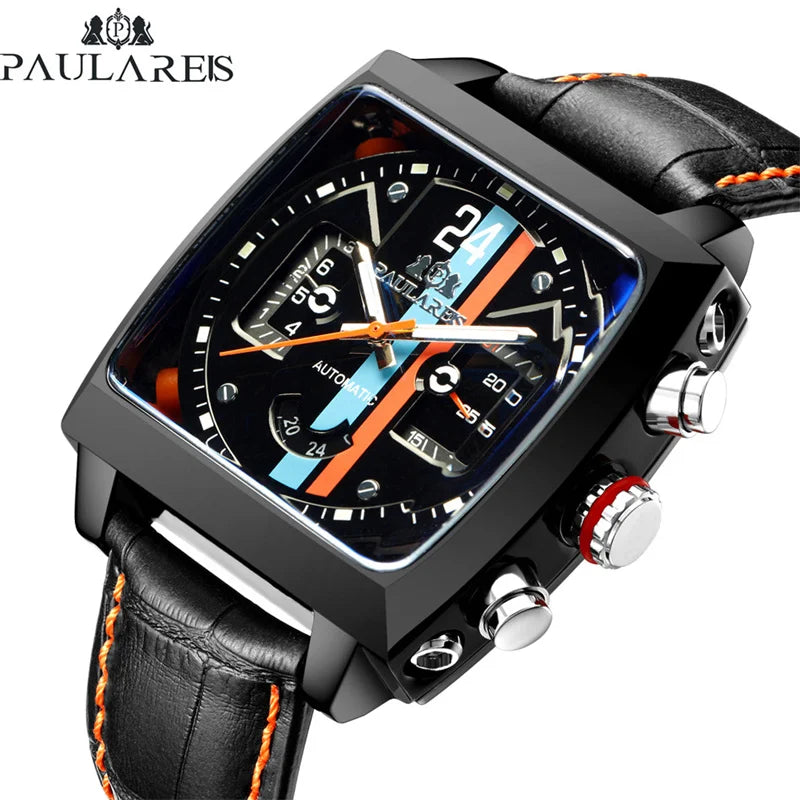 Original Brand Watches For Men Luxury Design Square Mechanical Watch Men Leather Strap Waterproof Date Week Wristwatches Male