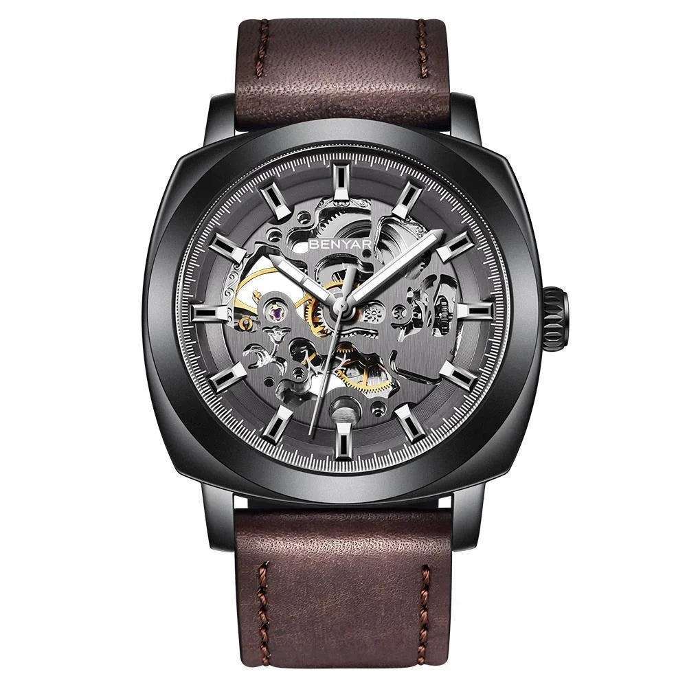 BENYAR Watch for Men Luxury Skeleton Tourbillon Automatic Mechanical Men's Watch 30M Waterproof Leather Strap Sports Reloj Hombre