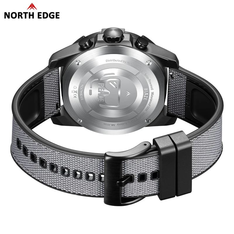 NORTH EDGE 2025 BLAZE Men's Watches Solar Power 316 stainless steel Case Quartz Watch For Men Pilot Waterproof 50M Stopwatch
