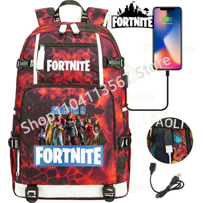 Ultima Knight F-Fortnited Battle Royale Rucksack mit USB-Ladeanschluss, Anime-Figuren und Studienfach für Schreibwaren für Schüler