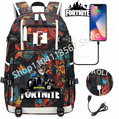 Ultima Knight F-Fortnited Battle Royale Rucksack mit USB-Ladeanschluss, Anime-Figuren und Studienfach für Schreibwaren für Schüler