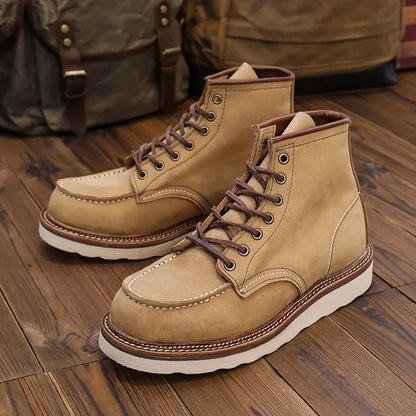 KOWM Cowhide Hiking Shoes Men's Walking Boot British Trekking Shoes Thick-Soled Cowhide High-Top Motorcycle Boots Ankle Sneakers