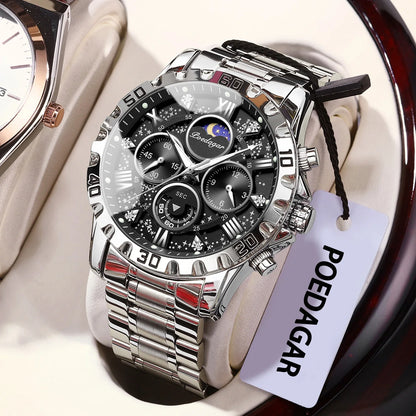 Montre homme de luxe POEDAGAR, étanche, lumineuse, en acier inoxydable, à quartz, chronographe, style militaire.