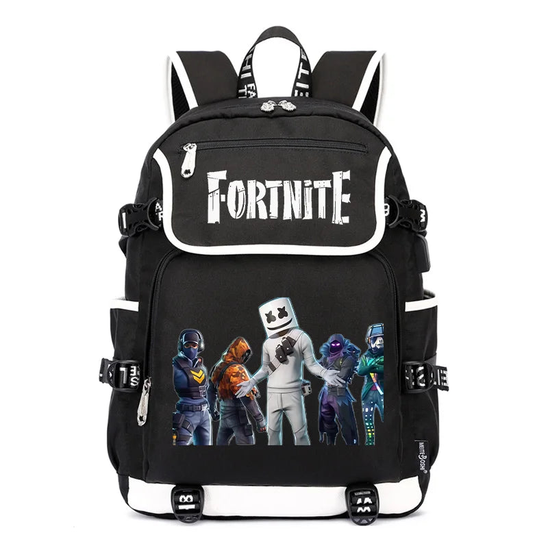 Mochila Fortnite de Grande Capacidade, Saco de Ombro Casual com Porta USB, Unissexo, Estilo Anime, para Estudantes, Nova Mala Escolar Elegante, Presente de Papelaria