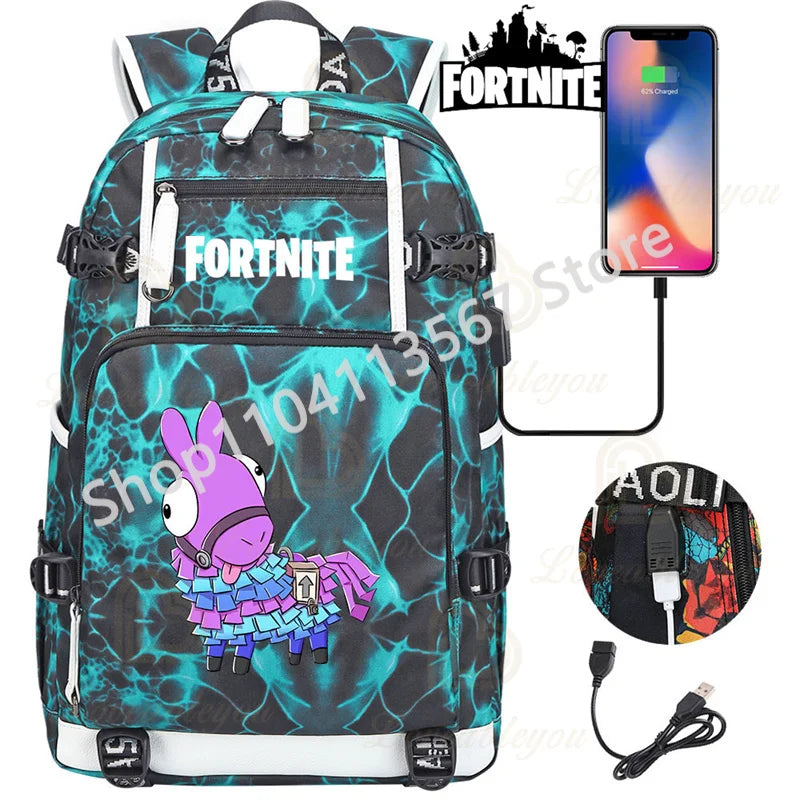 Mochila Red Jade F-Fortnited Battle Royale com carregamento USB, figuras anime e compartimento para material escolar para estudantes