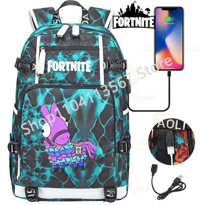 Mochila Red Jade F-Fortnited Battle Royale com carregamento USB, figuras anime e compartimento para material escolar para estudantes