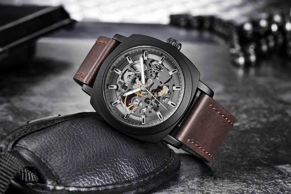 BENYAR Watch for Men Luxury Skeleton Tourbillon Automatic Mechanical Men's Watch 30M Waterproof Leather Strap Sports Reloj Hombre