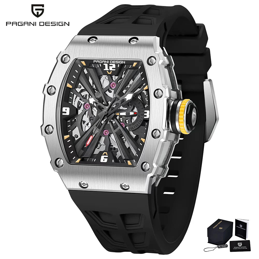 2026 Neue PAGANI DESIGN Herren-Quarzuhr VH65-Uhrwerk, Skeleton-Zifferblatt, 100M wasserdicht, sportliche rechteckige Uhr mit Saphirglas für Herren