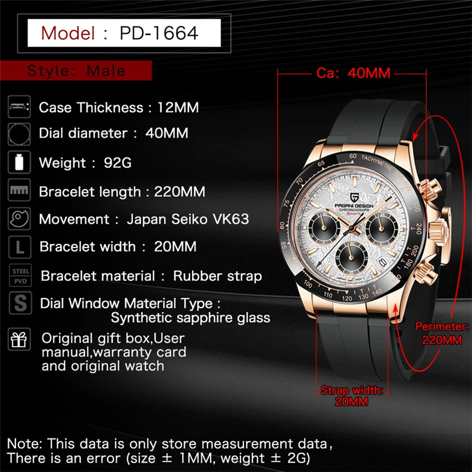 PAGANI DESIGN V2 40MM Herrenuhr mit Meteorit-Zifferblatt, Quarzwerk, Saphirglas, Retro-Chronograph, wasserdichte Uhr für Herren
