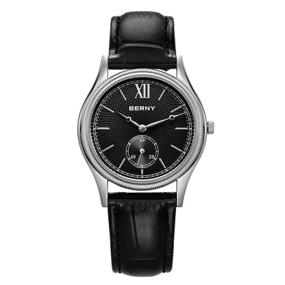 BERNY Men's Watches Luxury Classic Stylish Dress Quartz Watch Slim Stainless Steel Case Elegance Leather Strap Wristwatch