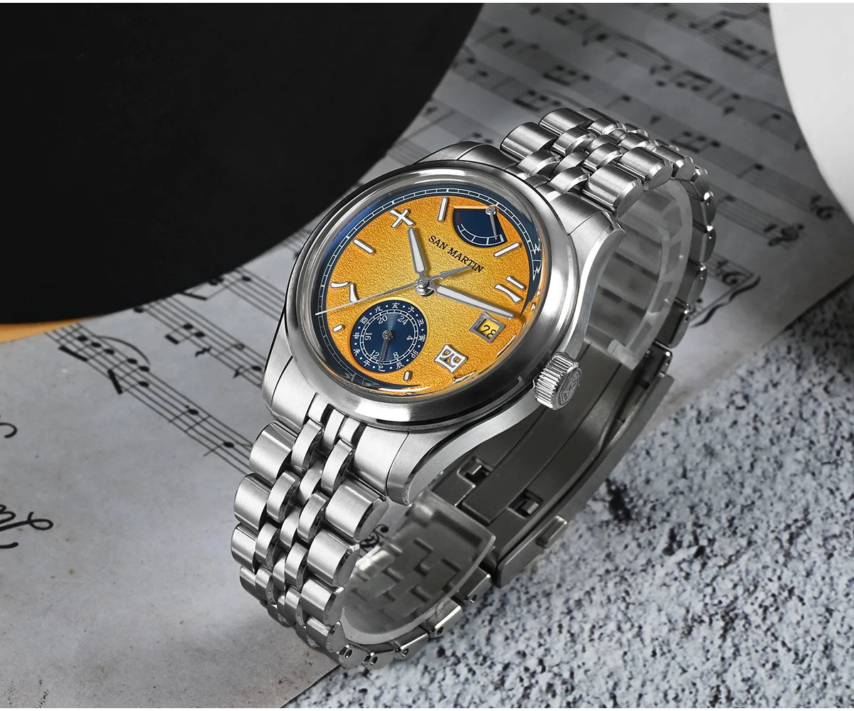 San Martin 39mm Miyota 9132 Power Reserve Display Men's Luxury Sport Watch Automatic Mechanical Waterproof Original Design SN0144