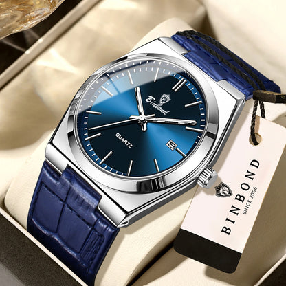 BINBOND luxury quartz wristwatch for men – Water-resistant, luminous, with automatic date – Professional, sporty, trendy and casual styles – Leather strap