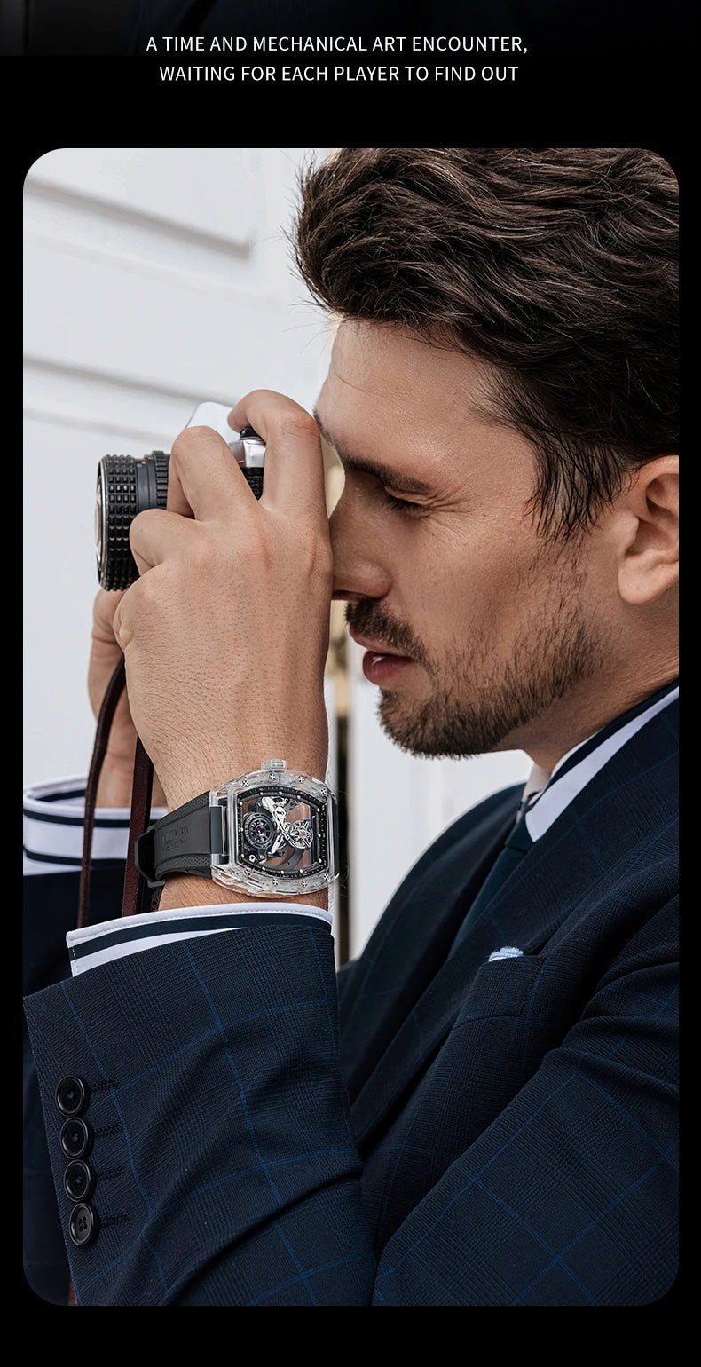 BONEST GATTI Luxury Men Automatic Tourbillon Watch Hollow Out Dial Crystal Case Sapphire Luminous Rubber Strap Wristwatch