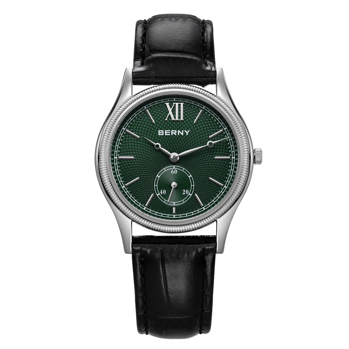 BERNY Men's Watches Luxury Classic Stylish Dress Quartz Watch Slim Stainless Steel Case Elegance Leather Strap Wristwatch