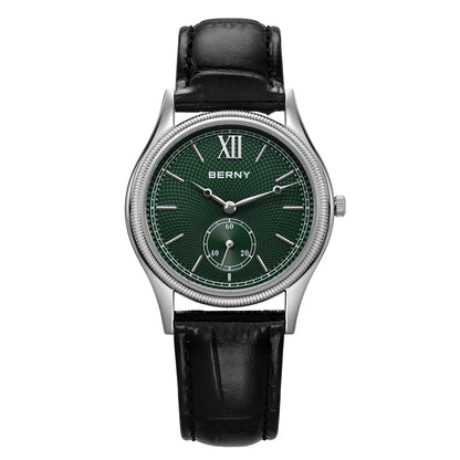 BERNY Men's Watches Luxury Classic Stylish Dress Quartz Watch Slim Stainless Steel Case Elegance Leather Strap Wristwatch