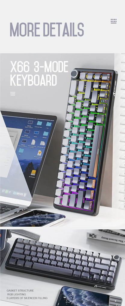 Teclado mecânico sem fios Attack Shark X66, layout compacto 65%, retroiluminação RGB, gasket, hot swap, Bluetooth, USB-C, PBT, bateria de grande capacidade