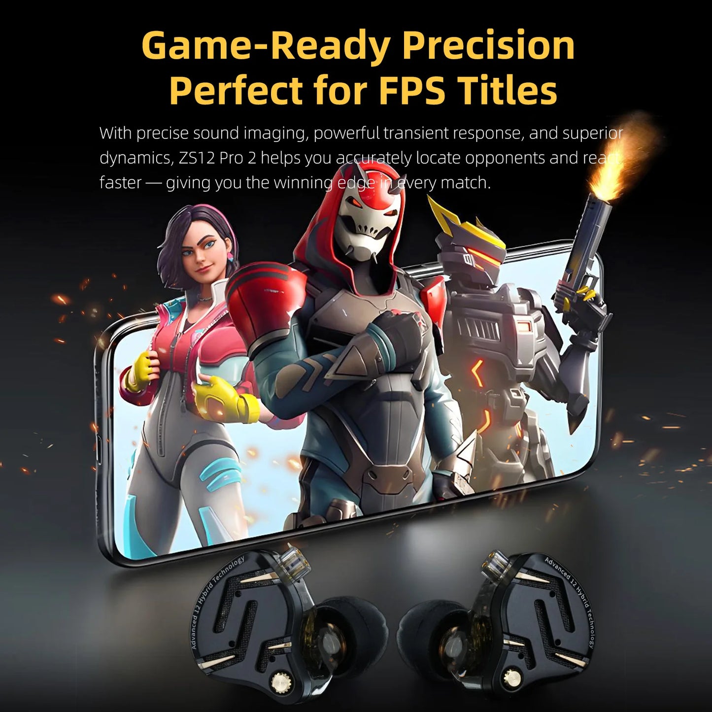 Auriculares IEM Híbridos KZ ZS12 PRO 2 – Auriculares Gaming HiFi com Fio, Graves Potentes e Drivers Superlineares