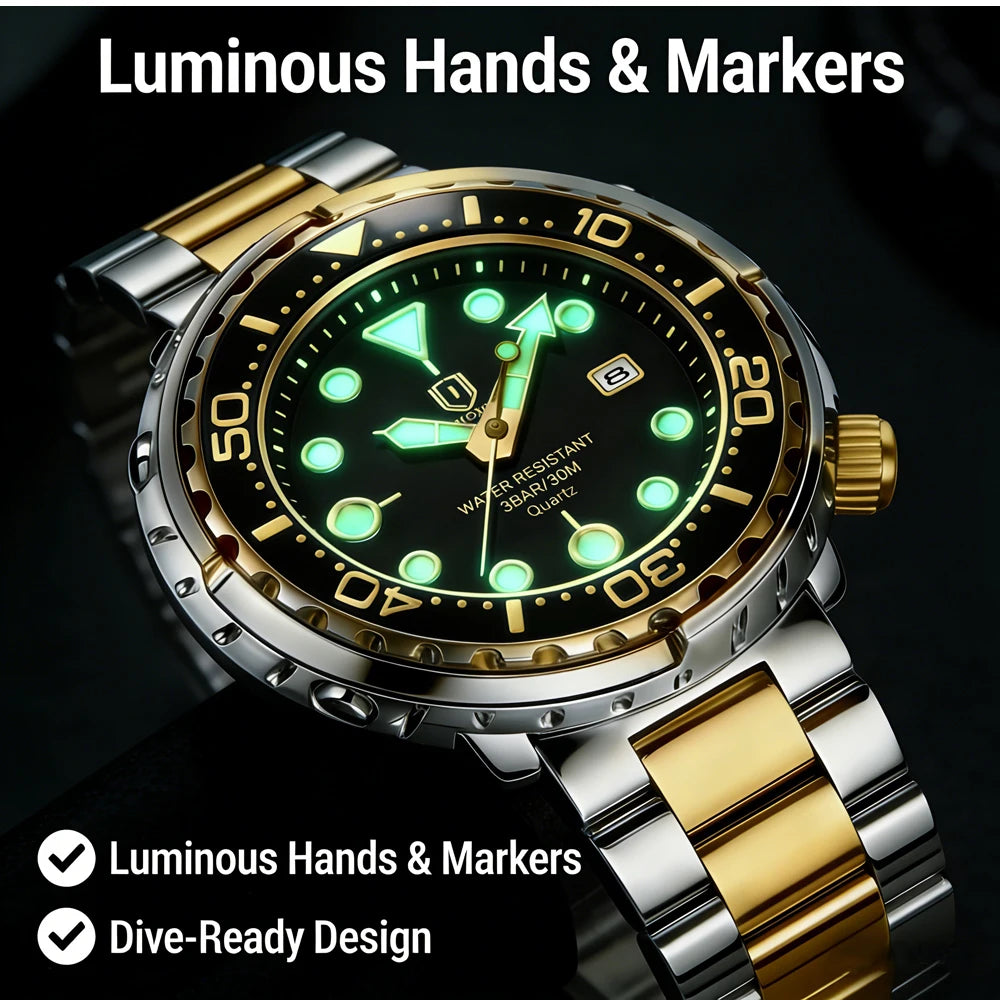 QINGXIYA Mens Watches Fashion Waterproof Luminous Date Rotating Dial High Quality Stainless Steel Luxury Brand Men Quartz Watch