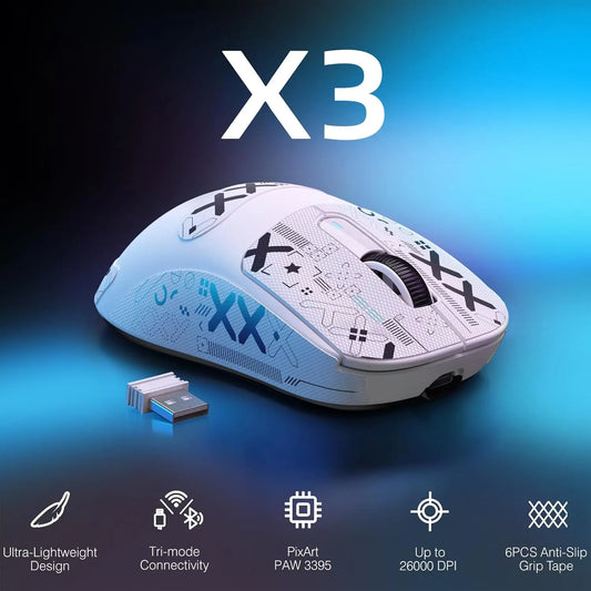 Mouse de gaming wireless ușor ATTACK SHARK X3, 49g, tri-mode, senzor PAW3395 26K DPI, autonomie baterie 200h, 5 butoane programabile