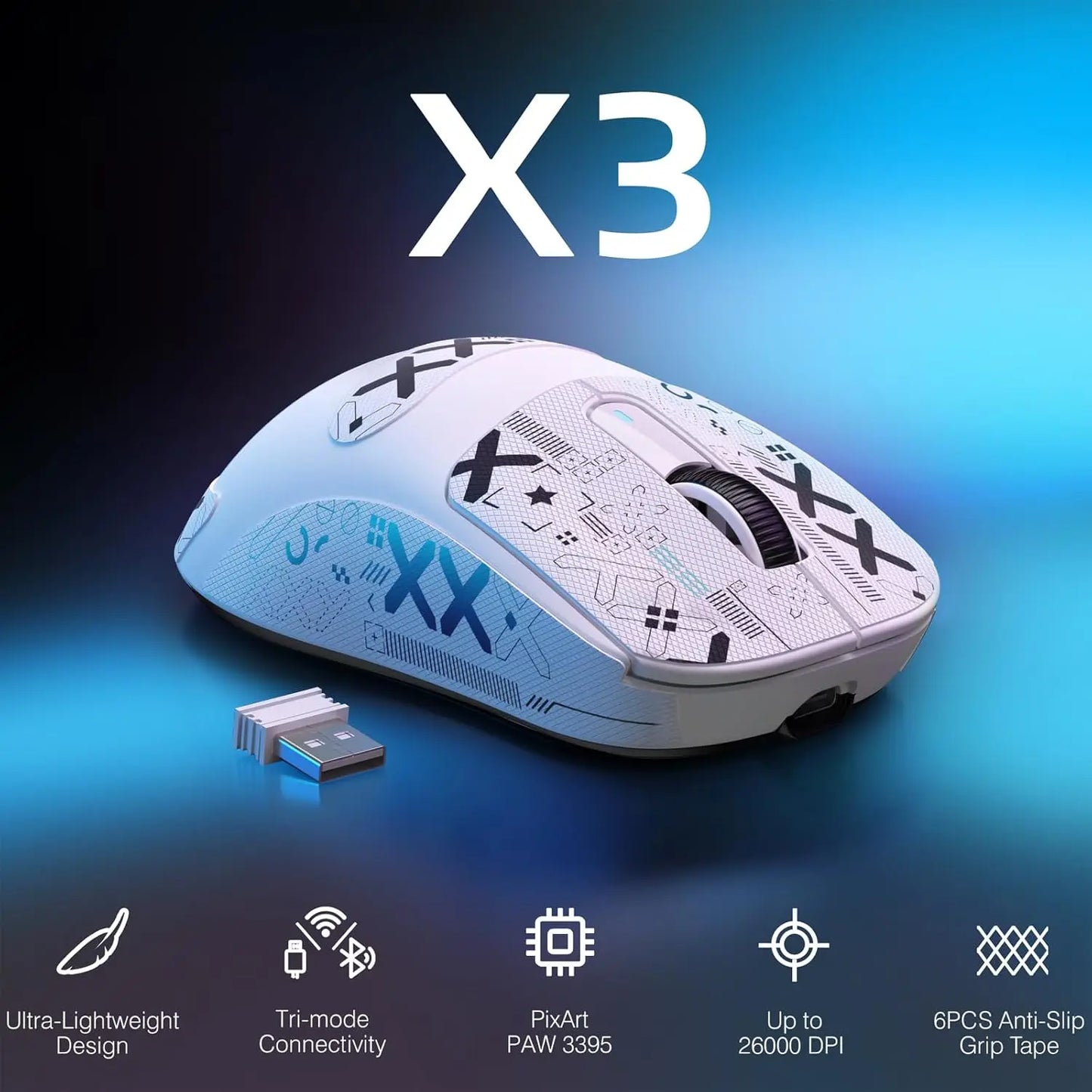 ATTACK SHARK X3 lagani bežični gaming miš, 49g, tri načina povezivanja, PAW3395 senzor od 26K DPI, trajanje baterije 200h, 5 programabilnih tipki