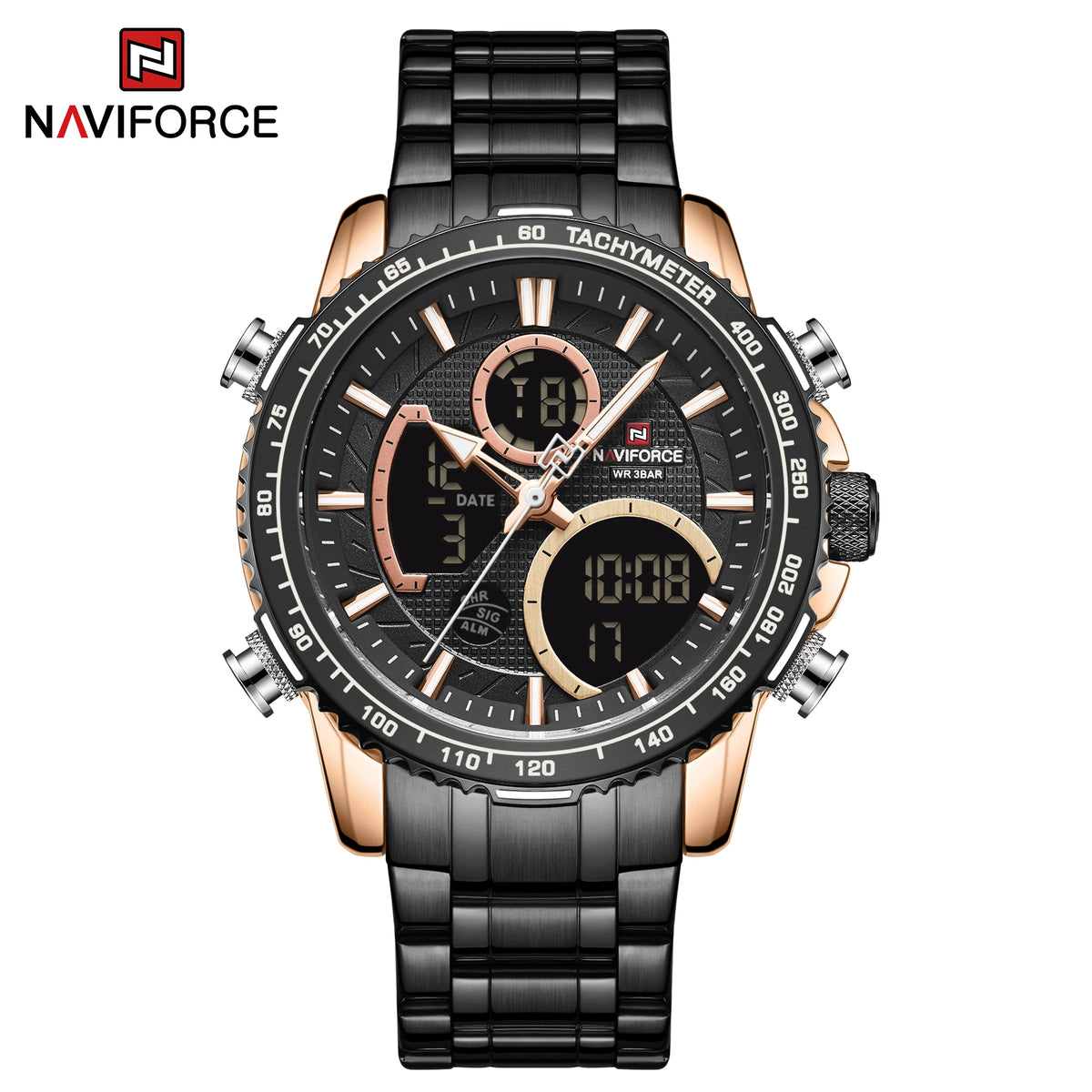 NAVIFORCE muški sportski sat – originalni luksuzni ručni sat od nehrđajućeg čelika, vodootporan model u vojničkom stilu s dvostrukim prikazom