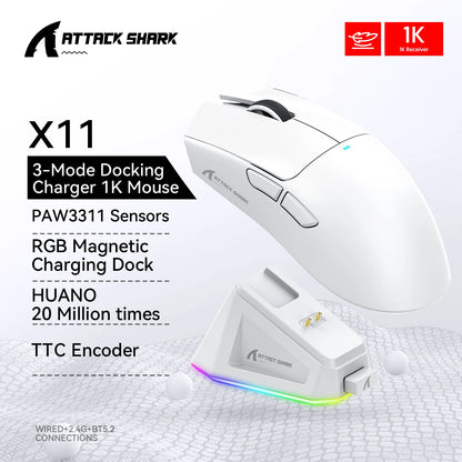 Attack Shark X11&R1 třirežimová bezdrátová Bluetooth myš s nabíjecí základnou, RGB, ergonomická, lehká myš, příslušenství pro PC hráče