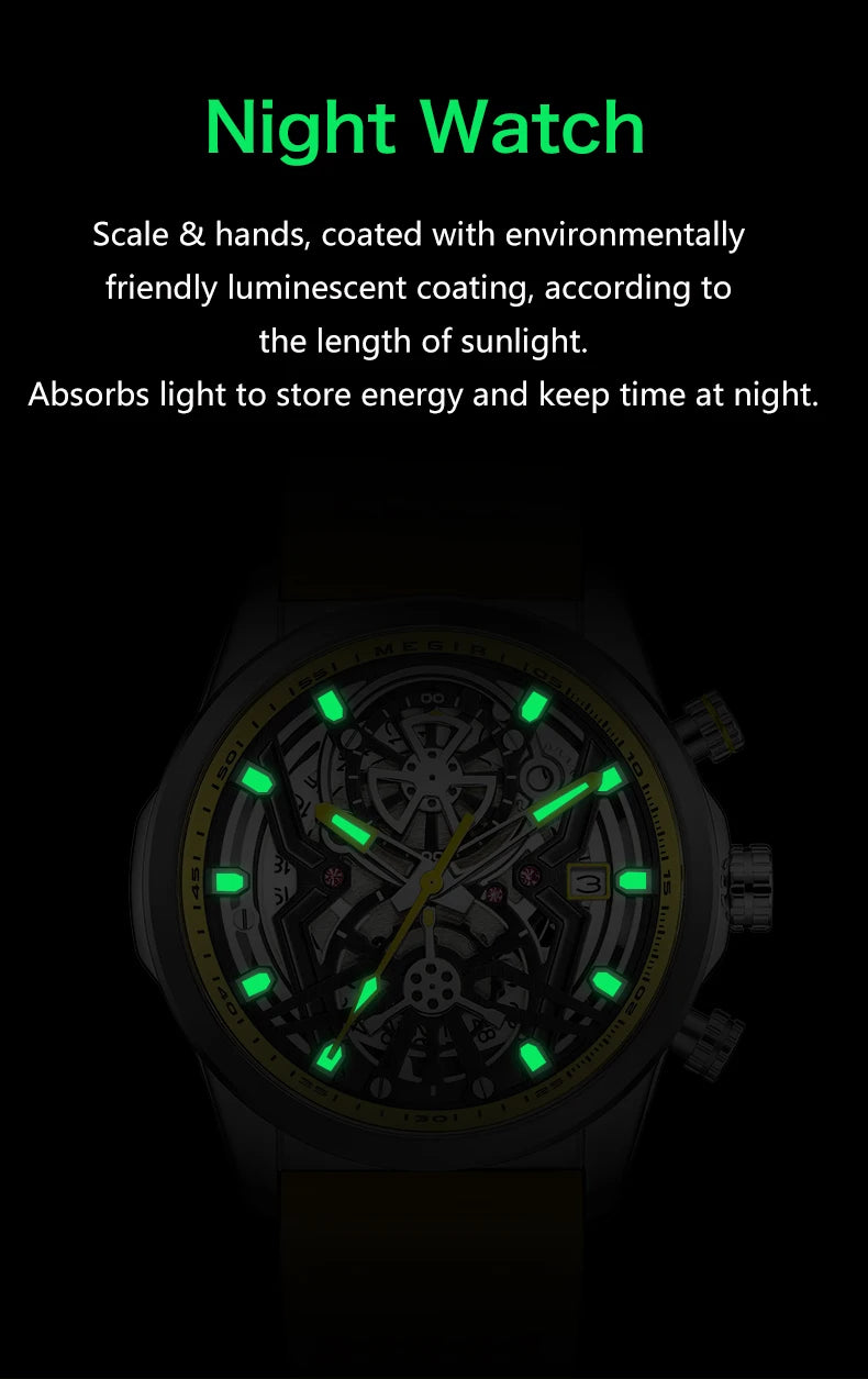 MEGIR Chronograph Quartz Watch Men Fashion Waterproof Yellow Silicone Strap Sport Wristwatch with Luminous Hands Auto Date 2235