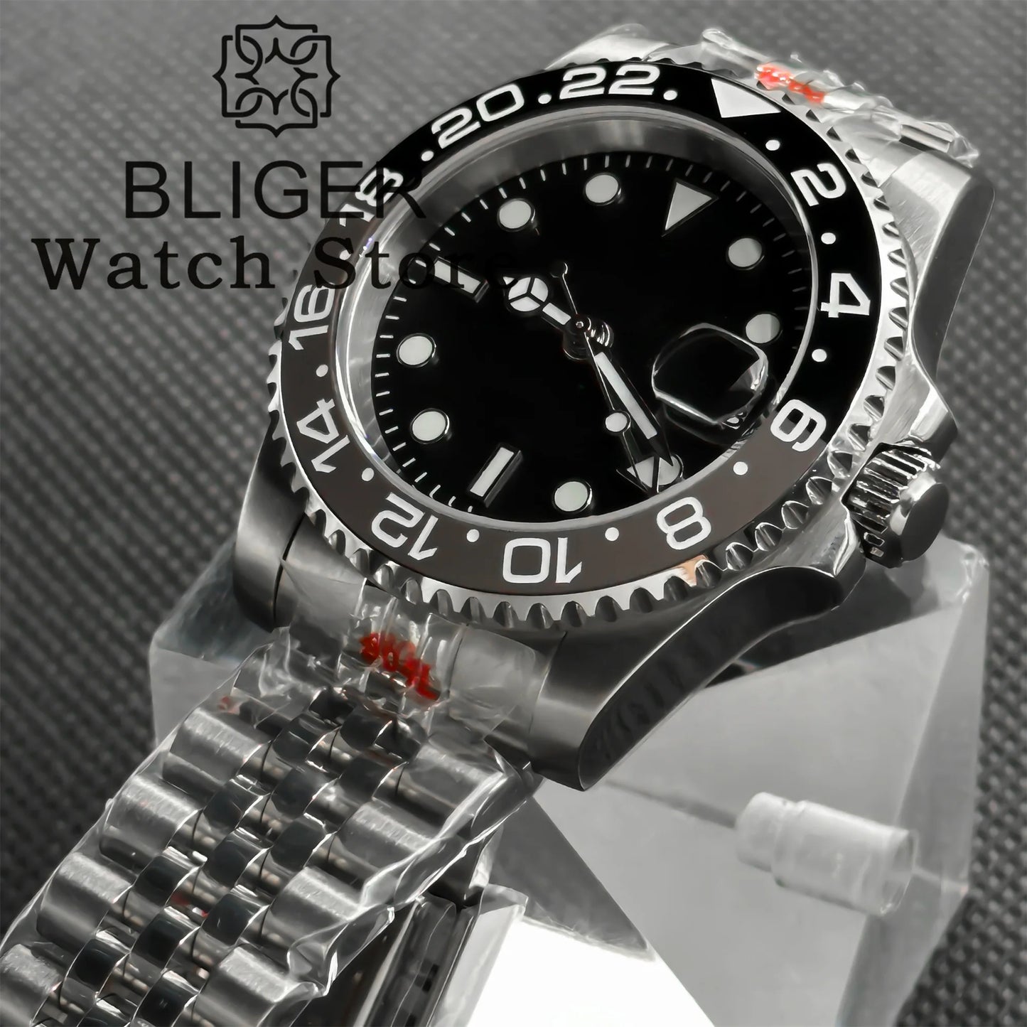 BLIGER 40mm 515 24H GMT Men's Watch Stainless Steel Clasp Luminous Quartz Movement Ceramic Bezel Sapphire Glass 10Bar Waterproof