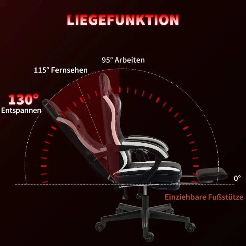 Gaming Chair with Footrest, Computer Chair with Headrest & Cushions, Faux Leather Upholstery, Swivel, Height-Adjustable