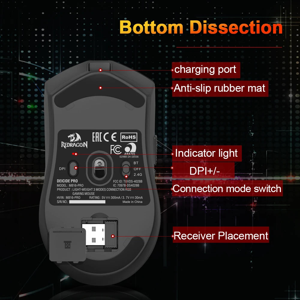 Mouse gaming REDRAGON DEICIDE M816 PRO RGB USB cu suport Bluetooth 2.4G wireless, 26000 DPI, 6 butoane pentru gameri, mouse cu fir pentru computer