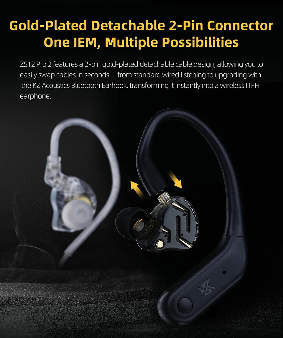 Auriculares IEM Híbridos KZ ZS12 PRO 2 – Auriculares Gaming HiFi com Fio, Graves Potentes e Drivers Superlineares