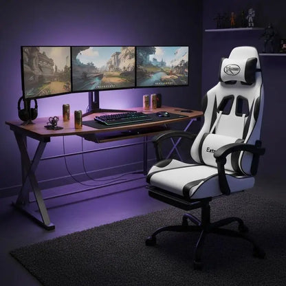 Gaming Chair with Footrest Reclining Swivel Ergonomic Gaming Chair, Adjustable Height, 360° Swivel, White & Black Gaming Chair for Home Office and PC Gaming