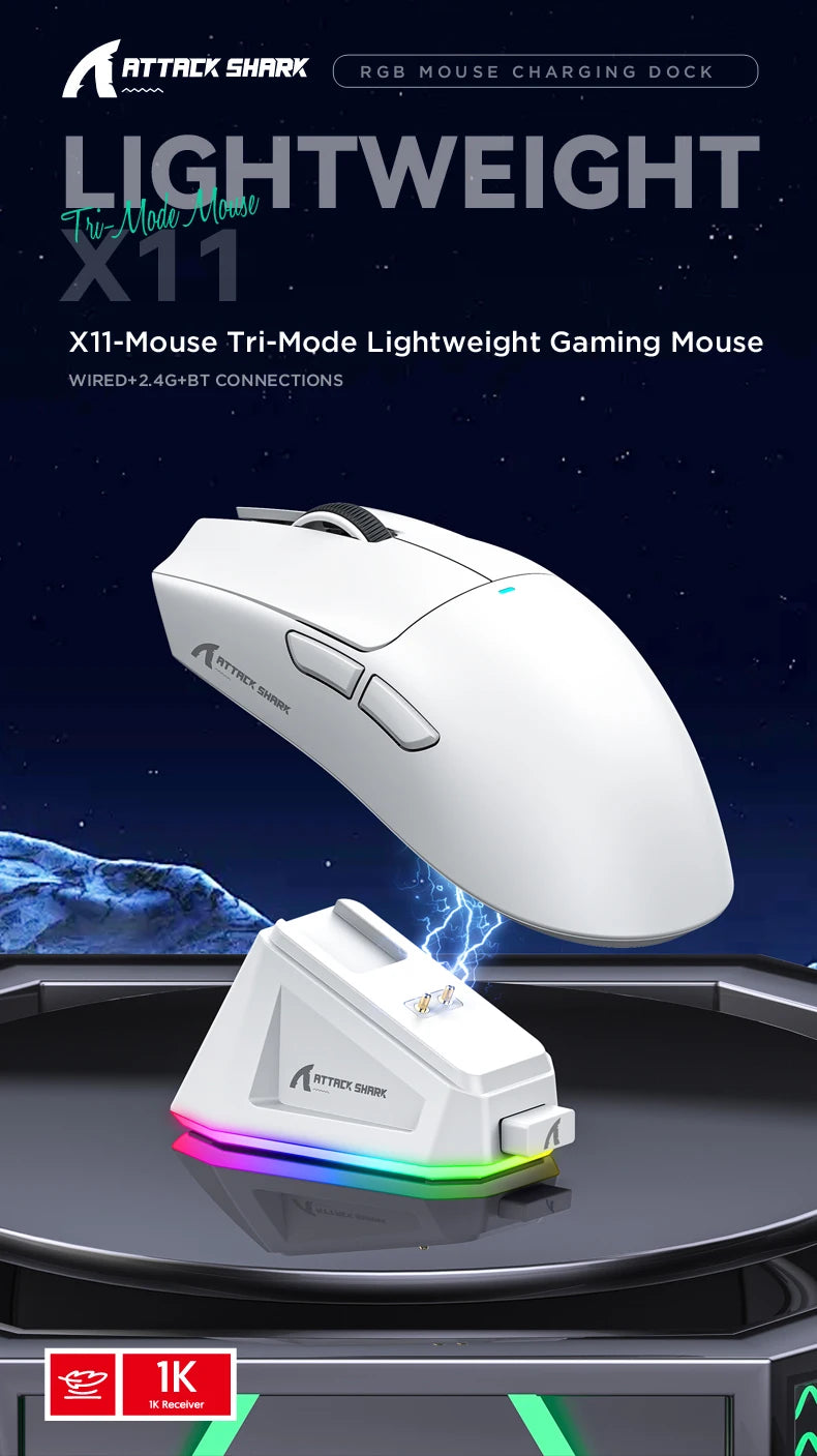 Attack Shark X11&R1 třirežimová bezdrátová Bluetooth myš s nabíjecí základnou, RGB, ergonomická, lehká myš, příslušenství pro PC hráče