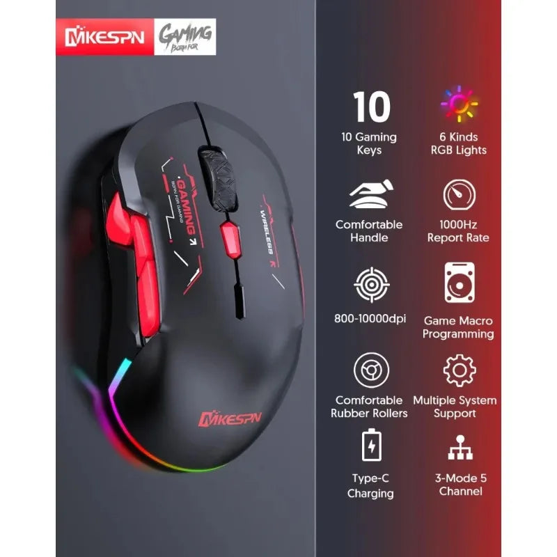 MKESPN W12 10-knappers makro-gamingmus til begge hænder, trådløs Bluetooth, multikanal, tri-mode, stor RGB, ergonomisk og ambidekstral