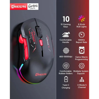MKESPN W12 10-knappers makro-gamingmus til begge hænder, trådløs Bluetooth, multikanal, tri-mode, stor RGB, ergonomisk og ambidekstral
