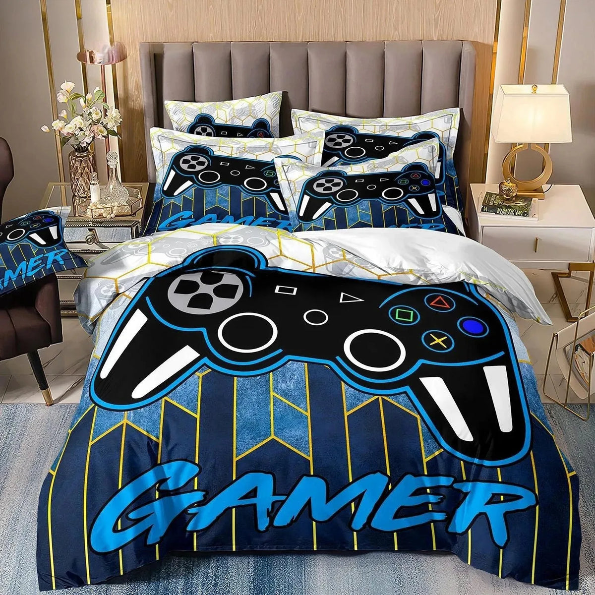 Gamer Bedding Sets for Boy Kid Gaming Duvet Cover Set Queen Video Games Comforter Cover,Playstation Designs Bed Set for Teen Men