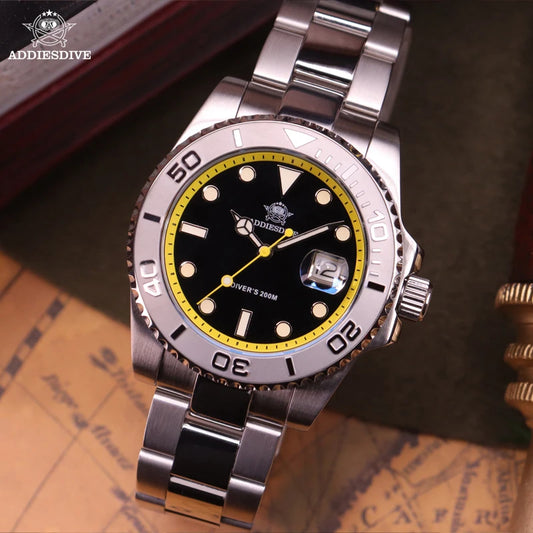 ADDIESDIVE Luxury Men's Diver Steel Watch 200m Waterproof Ceramic Bezel Analog Watch BGW9 Luminous Business Quartz Watch AD2040